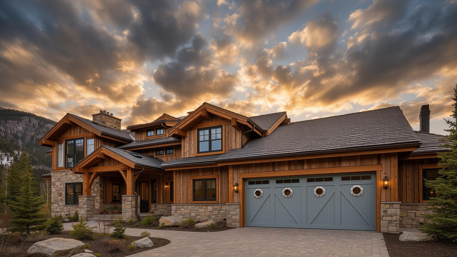 Premium coastal style garage doors with porthole windows on mountain lodge home