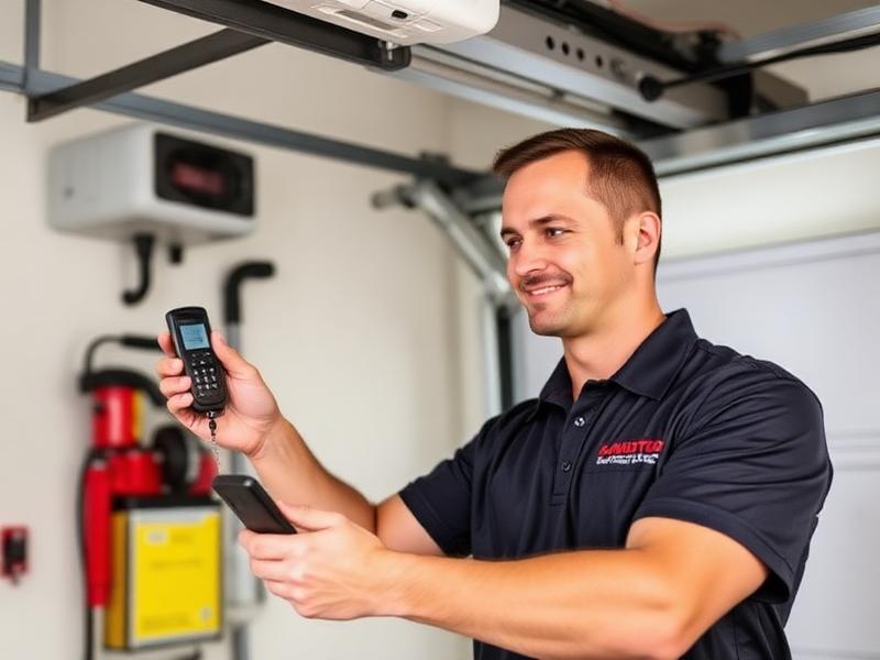 Professional garage door technician programming remote and keypad